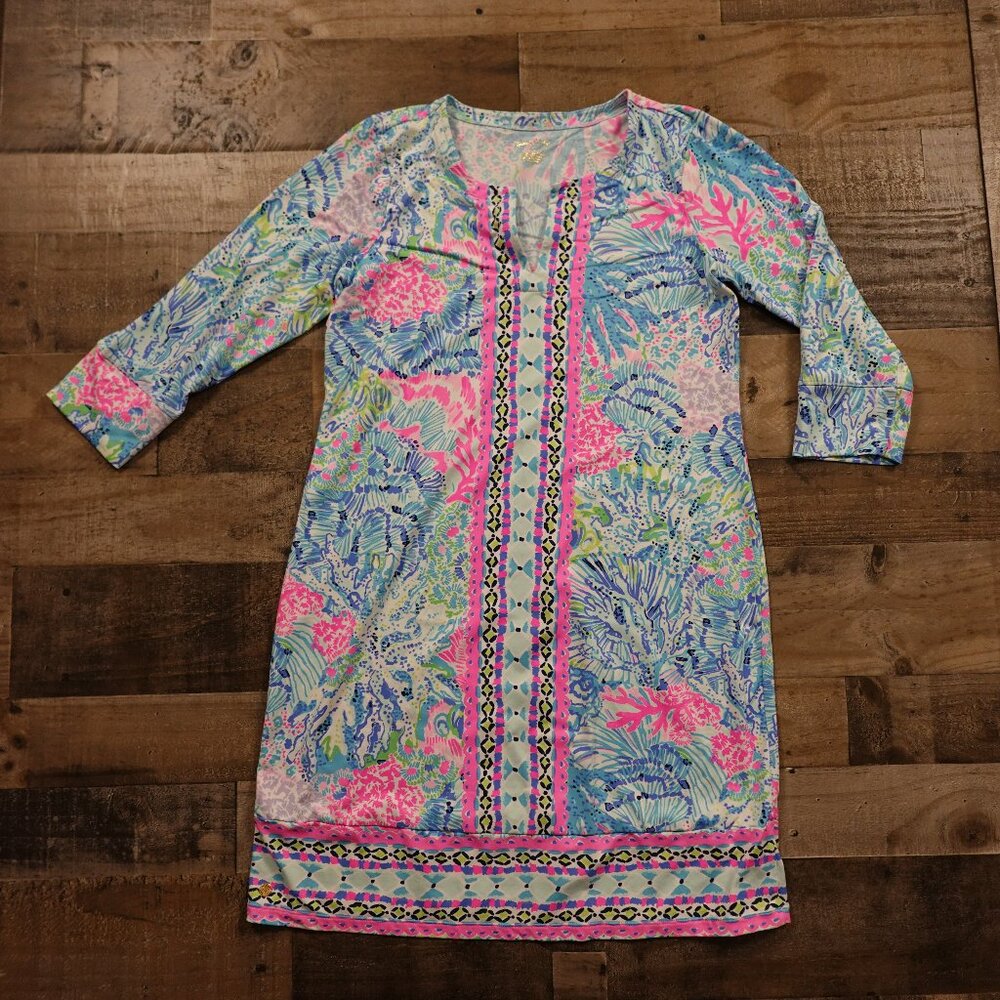 Lilly Pulitzer‎ UPF 50+ Sophie Dress Women’s Large Multi Coral Reef Pink Blue